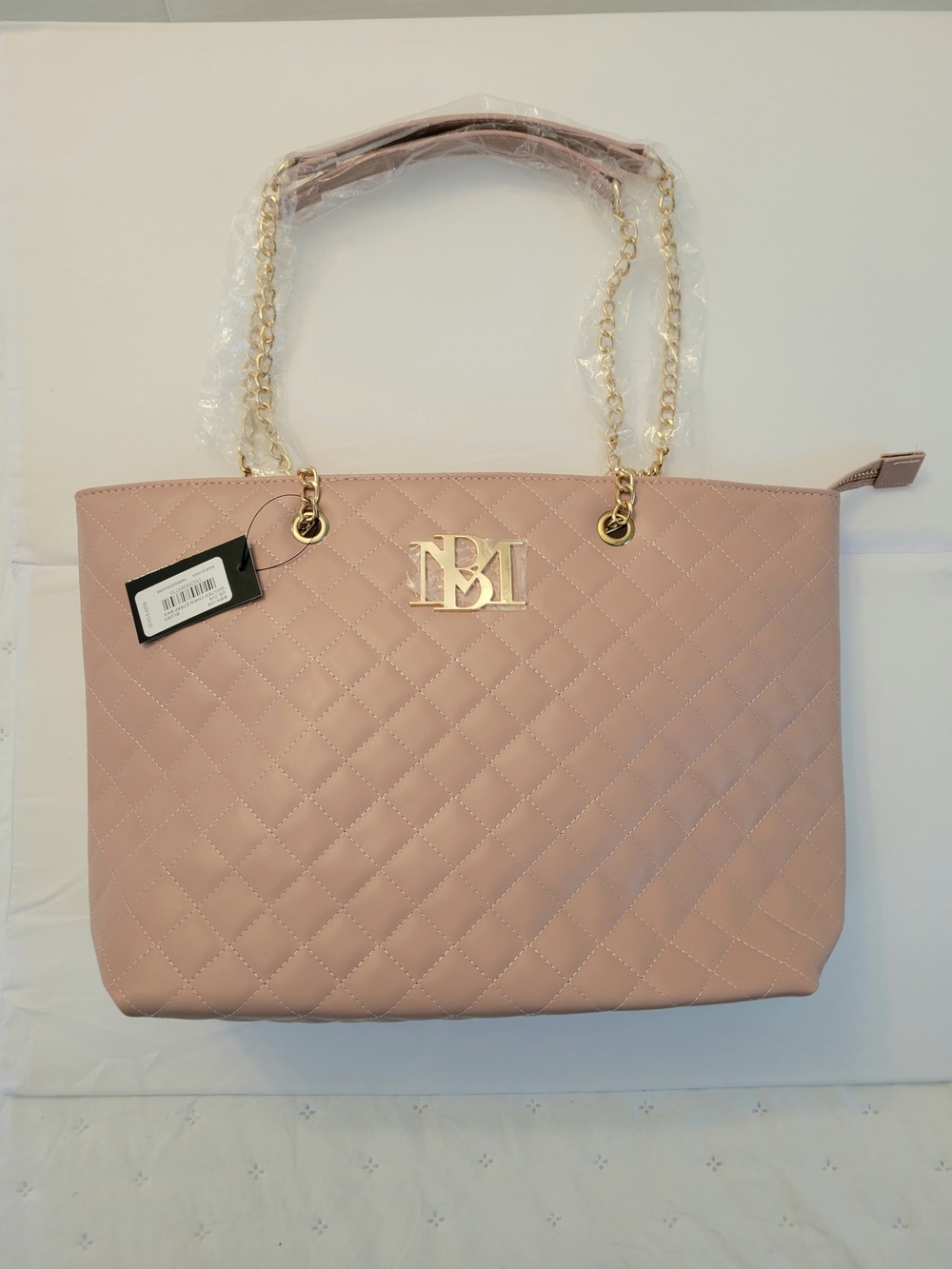 Badgley Mischka Quilted Pink Tote Handbag with Gold Chain Handles